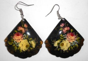 Earrings fan shape: 'Pink & white roses' on black Babushka Matryoshka Babooshki Babushkas