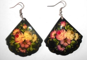 Earrings fan shape: 'Flowers' on black Babushka Matryoshka Babooshki Babushkas