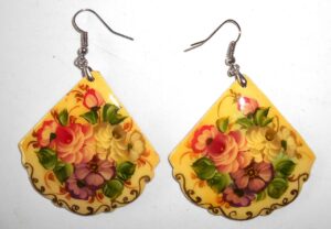 Earrings fan shape: 'Flowers' on light yellow Babushka Matryoshka Babooshki Babushkas