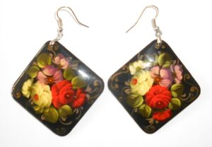 Earrings rhombus shape: 'White & red roses' on black Babushka Matryoshka Babooshki Babushkas