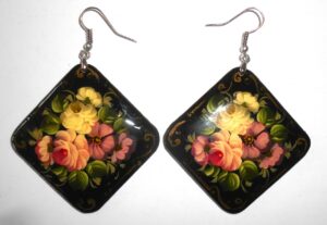 Earrings rhombus shape: 'Pale flowers' on black Babushka Matryoshka Babooshki Babushkas