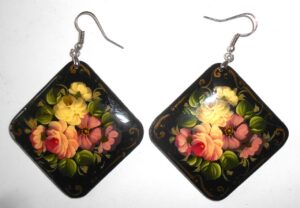 Earrings rhombus shape: 'Pale Roses' on black Babushka Matryoshka Babooshki Babushkas