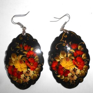 Earrings fancy oval shape: 'Red & white Roses' on black Babushka Matryoshka Babooshki Babushkas