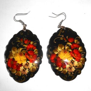 Earrings fancy oval shape: ‘Red & white Roses’ on black Babooshki s