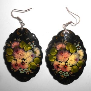 Earrings fancy oval shape: 'Pink & white Roses' on black Babushka Matryoshka Babooshki Babushkas