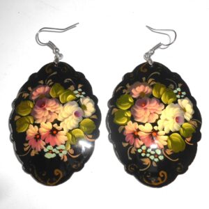 Earrings fancy oval shape: ‘Pink & white Roses’ on black Babooshki s