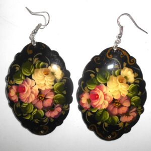 Earrings fancy oval shape: 'Pink & white Roses' on black Babushka Matryoshka Babooshki Babushkas