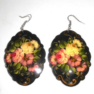 Earrings fancy oval shape: ‘Pink & white Roses’ on black Babooshki s