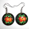Earrings round small: 'Red Roses' on black Babushka Matryoshka Babooshki Babushkas