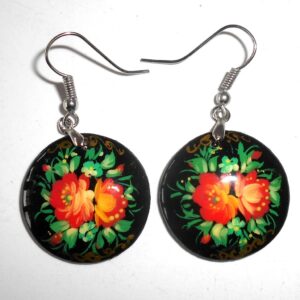 Earrings round small: 'Red Roses' on black Babushka Matryoshka Babooshki Babushkas