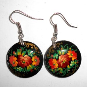 Earrings round small: 'Flowers' on black Babushka Matryoshka Babooshki Babushkas