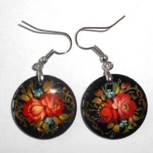 Earrings round small: 'Two roses' on black Babushka Matryoshka Babooshki Babushkas