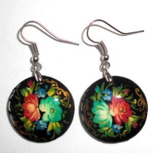 Earrings round small: 'Cyan & red roses' on black Babushka Matryoshka Babooshki Babushkas