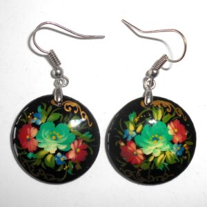 Earrings round small: 'Cyan rose' on black Babushka Matryoshka Babooshki Babushkas