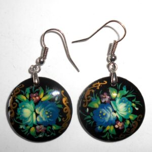 Earrings round small : 'Cyan & blue roses' on black Babushka Matryoshka Babooshki Babushkas