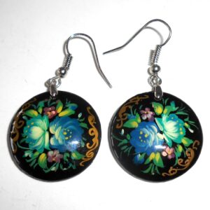 Earrings round small : ‘Cyan & blue roses’ on black Babooshki s