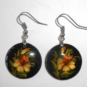 Earrings round small: 'White flower' on black Babushka Matryoshka Babooshki Babushkas