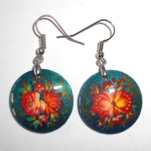 Earrings round small: 'Red roses' on sparkling blue Babushka Matryoshka Babooshki Babushkas