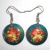 Earrings round small: 'Red & white roses' on sparkling blue Babushka Matryoshka Babooshki Babushkas