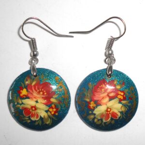 Earrings round small: 'Red & white roses' on sparkling blue Babushka Matryoshka Babooshki Babushkas