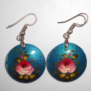 Earrings round small: 'Pink rose' on blue Babushka Matryoshka Babooshki Babushkas