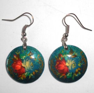 Earrings round small: 'Blue & red roses' on sparkling blue Babushka Matryoshka Babooshki Babushkas
