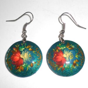 Earrings round small: ‘Blue & red roses’ on sparkling blue Babooshki s