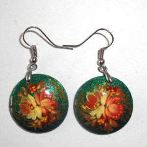 Earrings round small: 'White & red roses' on sparkling green Babushka Matryoshka Babooshki Babushkas