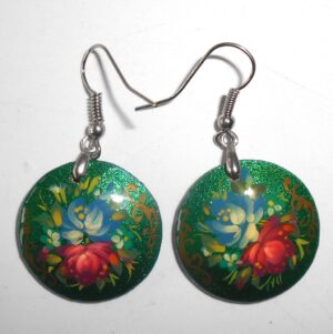 Earrings round small: 'Blue & red roses' on sparkling green Babushka Matryoshka Babooshki Babushkas