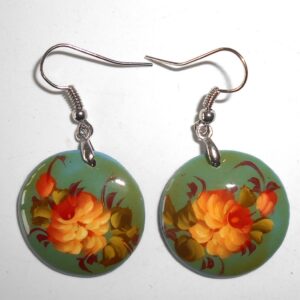 Earrings round small: 'Rose' on pale green Babushka Matryoshka Babooshki Babushkas