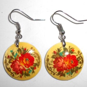Earrings round small: 'Red roses' on light yellow Babushka Matryoshka Babooshki Babushkas