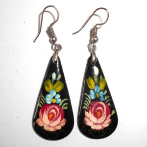 Earrings drop shape: 'Pink rose' on black Babushka Matryoshka Babooshki Babushkas