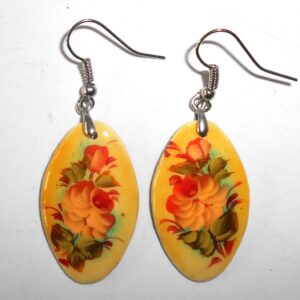 Earrings small oval: 'Roses' on light yellow Babushka Matryoshka Babooshki Babushkas
