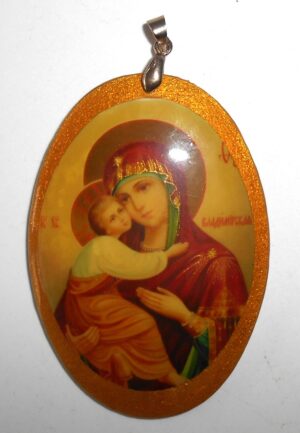 Pendant oval shape: St Mary of Vladimir on black Babushka Matryoshka Babooshki Babushkas