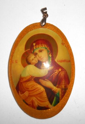 Pendant oval shape: St Mary of Vladimir on black Babooshki s