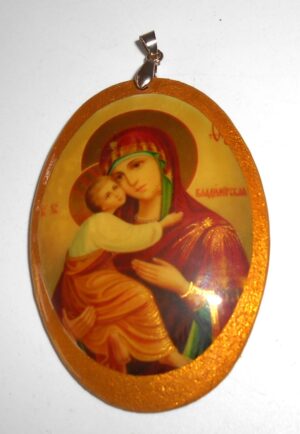 Pendant oval shape: St Mary of Vladimir on black Babooshki s