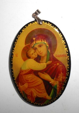 Pendant oval shape: St Mary of Vladimir on black w/ornament Babushka Matryoshka Babooshki Babushkas