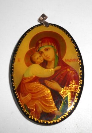 Pendant oval shape: St Mary of Vladimir on black w/ornament Babooshki s