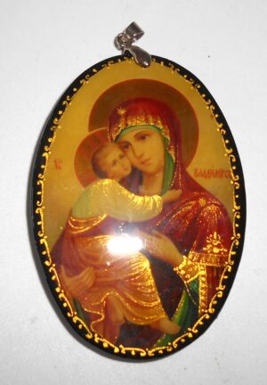 Pendant oval shape: St Mary of Vladimir on black w/ornament Babooshki s
