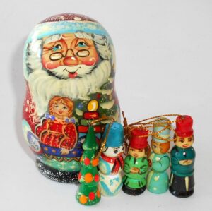 Santa with toys korobnick small nesting Doll Babooshki s