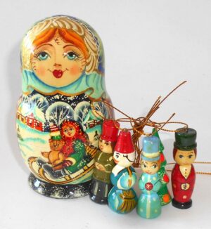 Two girls sledding korobnick small nesting Doll Babooshki s