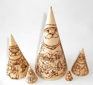 Santa & Snowmen wood-burn conical Babushka  Babushka Matryoshka nesting Doll Babooshki Babushkas raw plain unpainted Unfinished Montessori blank