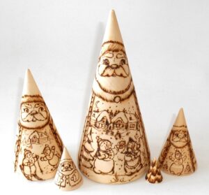 Santa & Snowmen wood-burn conical Babushka Babushka Matryoshka nesting Doll Babooshki Babushkas raw plain unpainted Unfinished Montessori blank