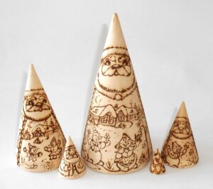 Santa & Snowmen wood-burn conical Babushka Babushka Matryoshka nesting Doll Babooshki Babushkas raw plain unpainted Unfinished Montessori blank