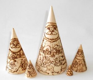 Santa & Snowmen wood-burn conical Babushka Babushka Matryoshka nesting Doll Babooshki Babushkas raw plain unpainted Unfinished Montessori blank