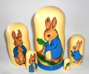 Peter Rabbit white blue stand Babushka Matryoshka nesting Doll  Babooshki Babushkas