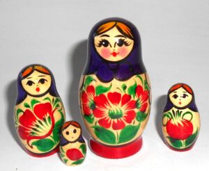 Collection of TWO Kirov scarf 4-set white & purple scarfs Babushka Matryoshka nesting Doll Babooshki Babushkas Classic Village Traditional