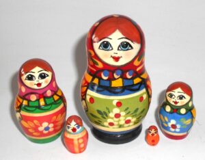 Village 5-set red scarf blue apron Babushka Matryoshka nesting Doll Babooshki Babushkas Classic Village Traditional
