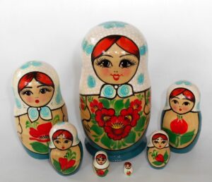 Kirovie polka dot scarf cyan dress 7-set large Babushka Matryoshka nesting Doll Babooshki Babushkas Classic Village Traditional