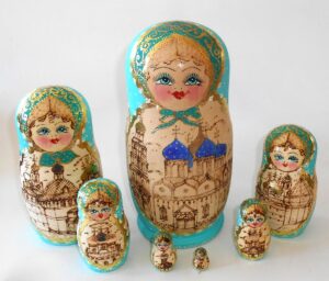 Churches cyan scarf 7-set Babushka Matryoshka nesting Doll Babooshki Babushkas